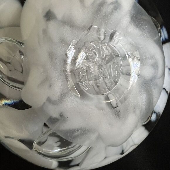 Vintage Joe St. Clair Art Glass White Clear Flower Paperweight Candle Holder - Picture 7 of 8